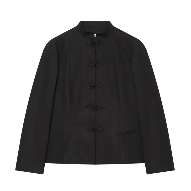 Damen Jacke im Mandarin-Stil mit Stehkragen und Zierfroschverschlüssen Nord Taschen