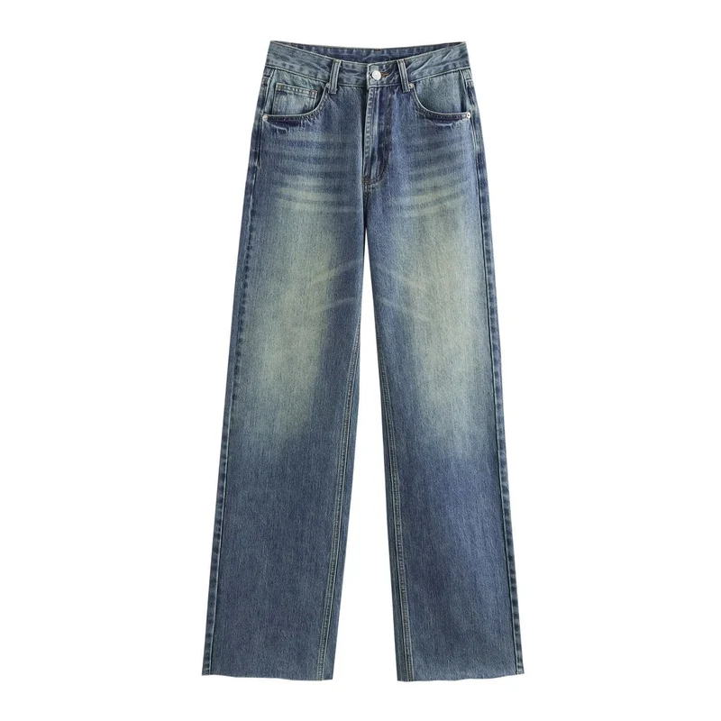 Damen hochtaillierte Wide-Leg-Jeans mit weitem Bein und Vintage-Waschung Nord Taschen
