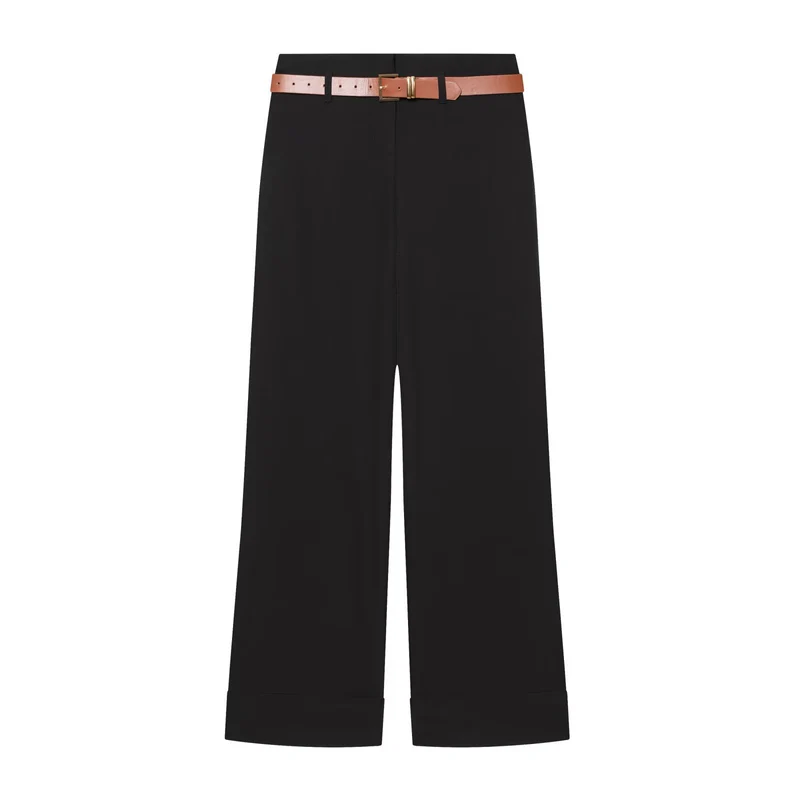 Damen Hochtaillierte Wide‑Leg‑Hose mit Bügelfalte, Gürtelschlaufen und verdeckter Knopfleiste Nord Taschen