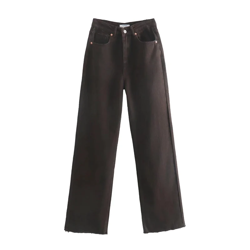 Damen Hochtaillierte weit geschnittene Jeans mit weitem Bein, hoher Taille und rohem Saum Nord Taschen