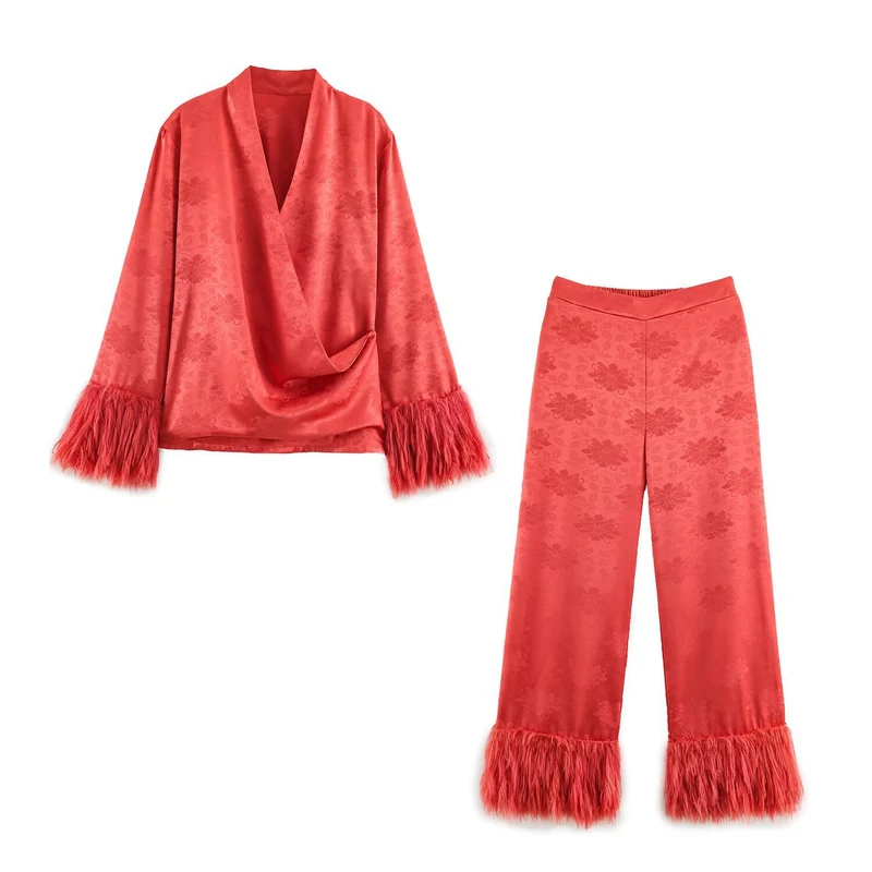 Damen hochtaillierte Satinhose mit Jacquard‑Blütenmuster und Federfransen Nord Taschen