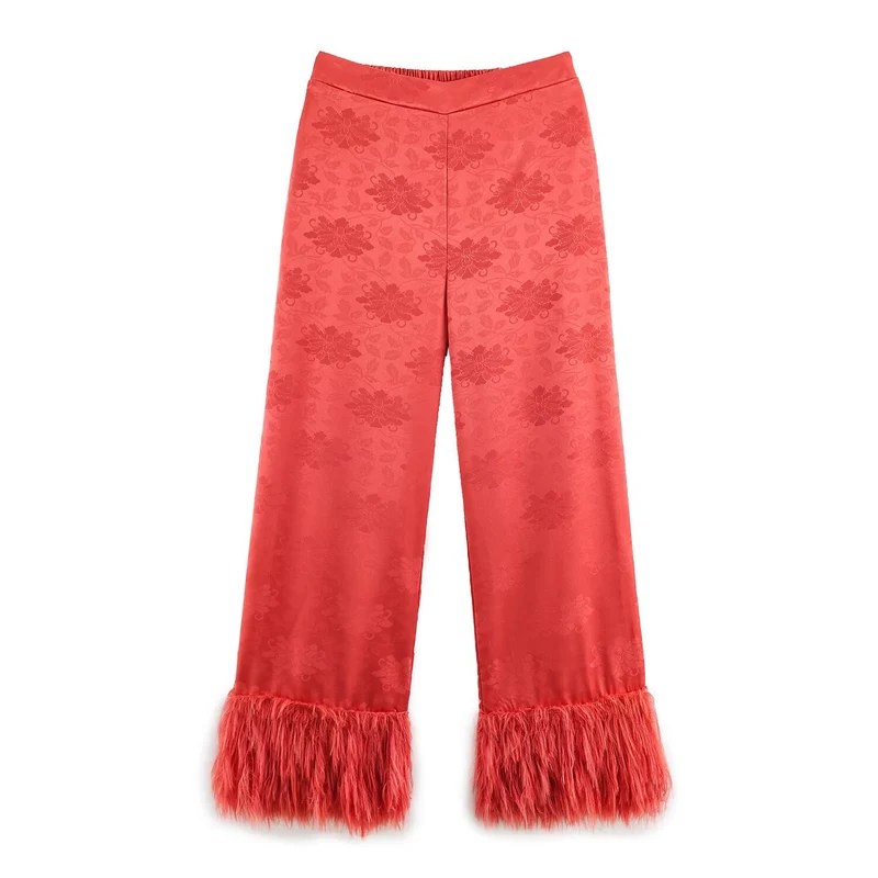 Damen hochtaillierte Satinhose mit Jacquard‑Blütenmuster und Federfransen Nord Taschen