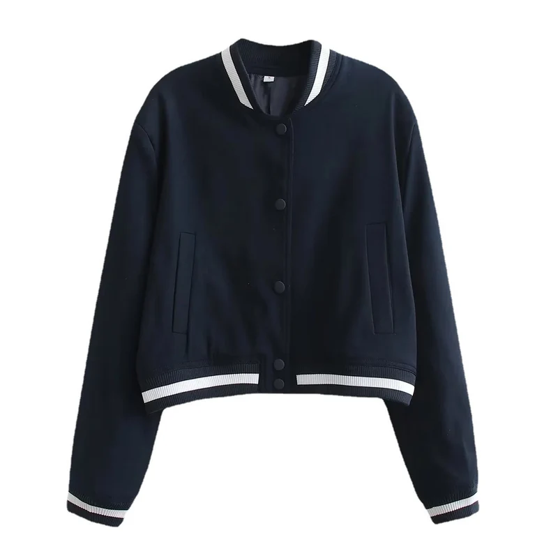 Damen Gekürzte College-Bomberjacke mit gestreiften Rippbündchen und Druckknopfverschluss Nord Taschen