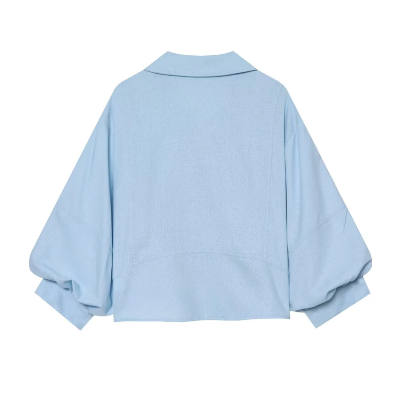 Damen Gekürzte Boxy-Bluse mit weiten Ballonärmeln und Hemdkragen Nord Taschen