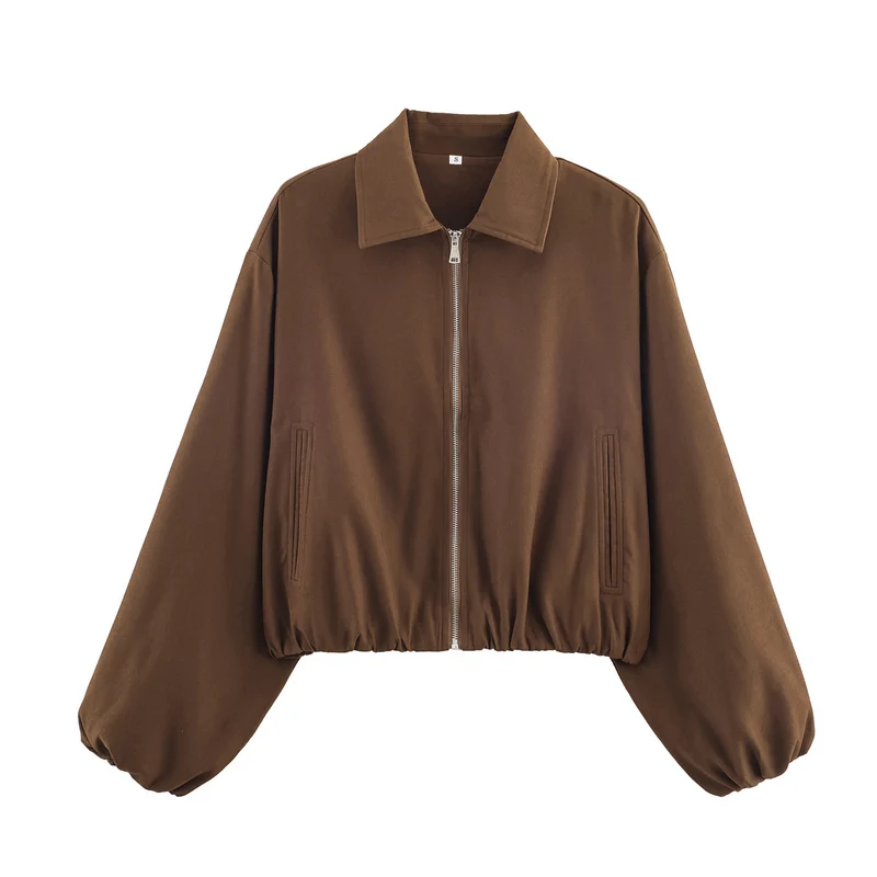 Damen Gekürzte Bomberjacke im Harrington‑Stil mit Ballonärmeln und elastischem Saum Nord Taschen