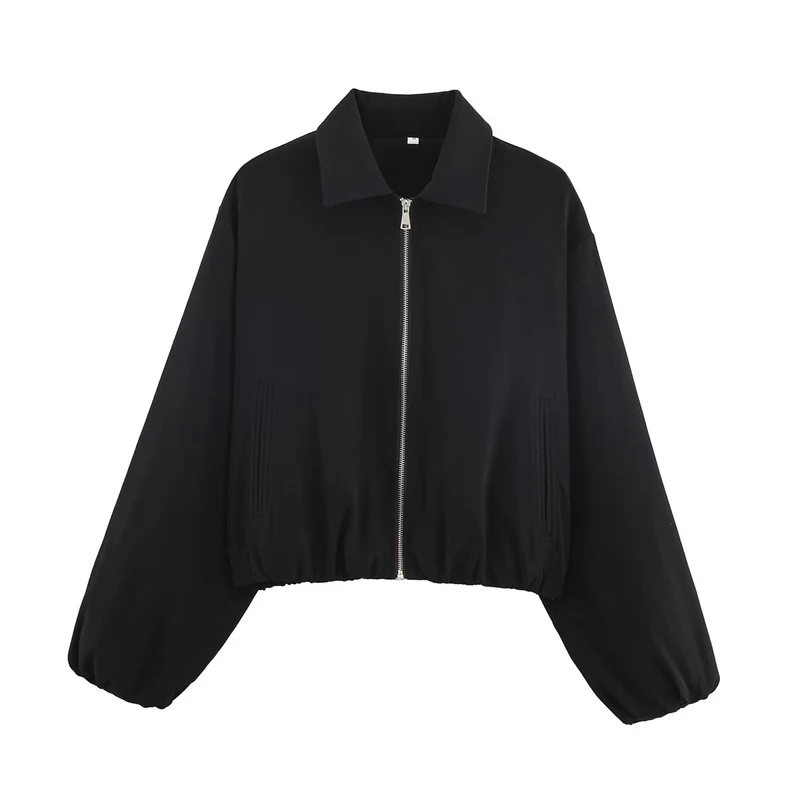Damen Gekürzte Bomberjacke im Harrington‑Stil mit Ballonärmeln und elastischem Saum Nord Taschen
