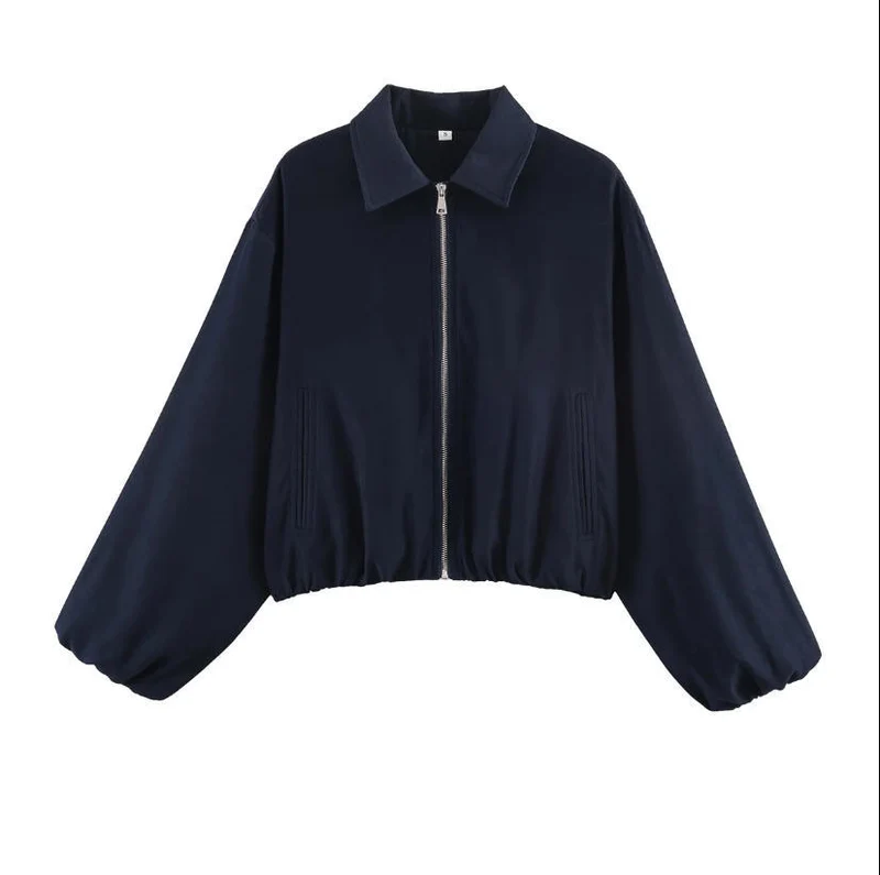 Damen Gekürzte Bomberjacke im Harrington‑Stil mit Ballonärmeln und elastischem Saum Nord Taschen