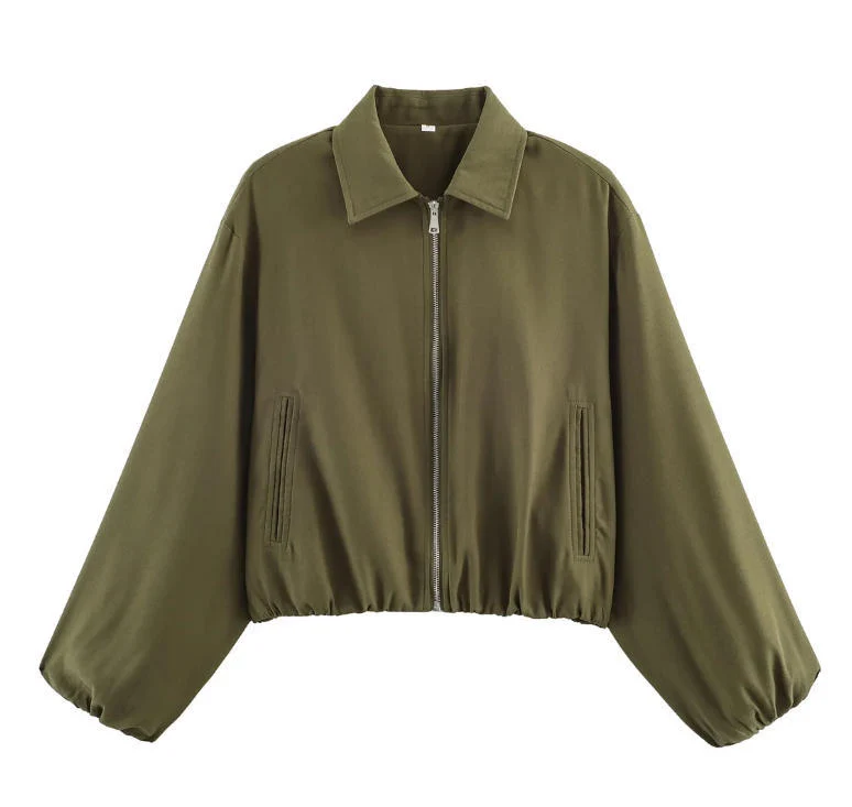 Damen Gekürzte Bomberjacke im Harrington‑Stil mit Ballonärmeln und elastischem Saum Nord Taschen