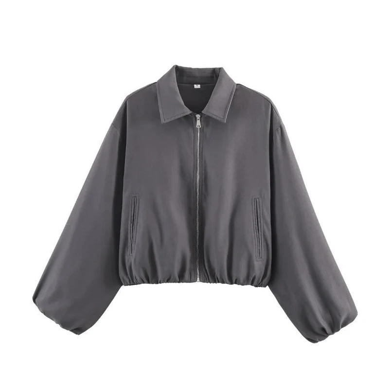 Damen Gekürzte Bomberjacke im Harrington‑Stil mit Ballonärmeln und elastischem Saum Nord Taschen