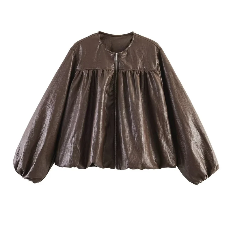 Damen Gekürzte Blousonjacke mit Ballonärmeln, geraffter Passe und Reißverschluss Nord Taschen