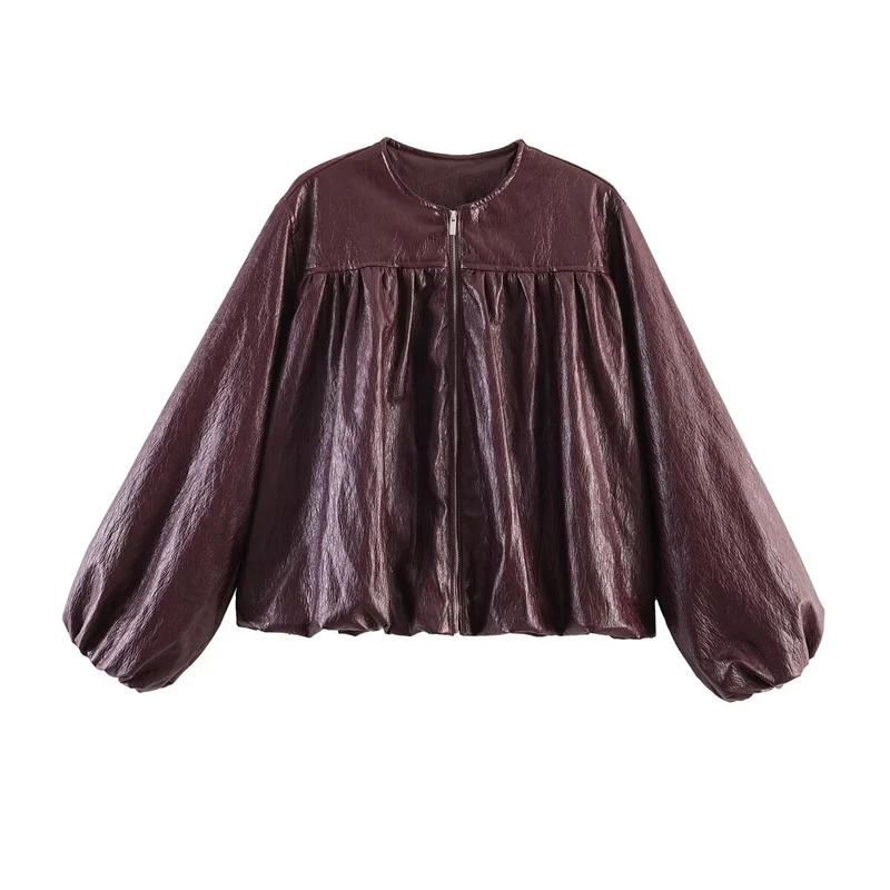 Damen Gekürzte Blousonjacke mit Ballonärmeln, geraffter Passe und Reißverschluss Nord Taschen