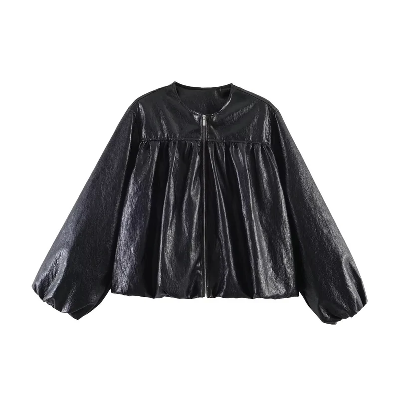 Damen Gekürzte Blousonjacke mit Ballonärmeln, geraffter Passe und Reißverschluss Nord Taschen