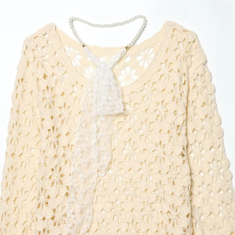 Damen gehäkelter Floralpullover mit Rundhalsausschnitt und Ajourmuster Nord Taschen
