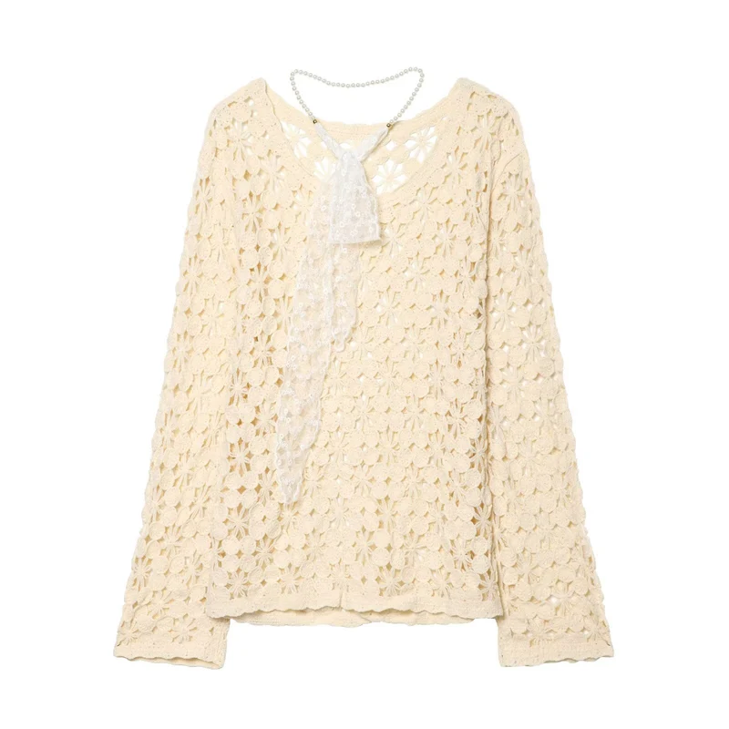 Damen gehäkelter Floralpullover mit Rundhalsausschnitt und Ajourmuster Nord Taschen