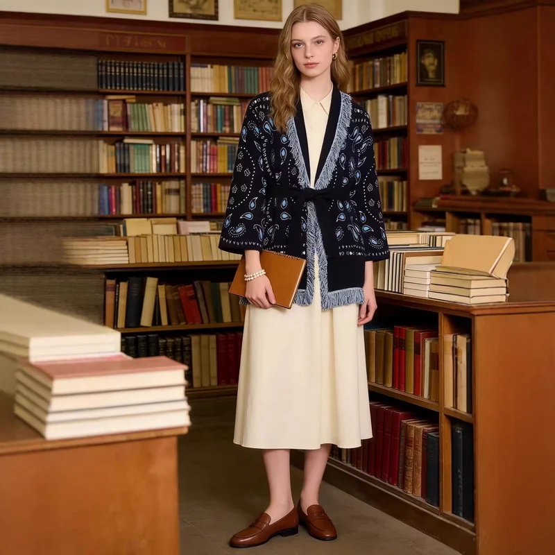 Damen Fransen-Strickjacke mit Paisley-Jacquard, Taillengürtel und offener Kimono-Silhouette Nord Taschen