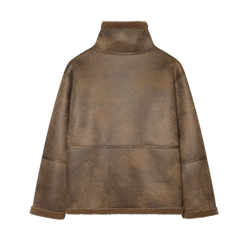 Damen Kurzjacke in Lammfelloptik mit Stehkragen, Knopf- und Schnallenverschluss Nord Taschen