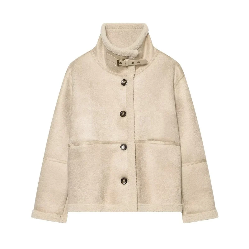 Damen Kurzjacke in Lammfelloptik mit Stehkragen, Knopf- und Schnallenverschluss Nord Taschen