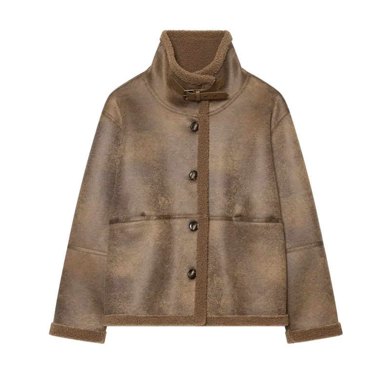 Damen Kurzjacke in Lammfelloptik mit Stehkragen, Knopf- und Schnallenverschluss Nord Taschen