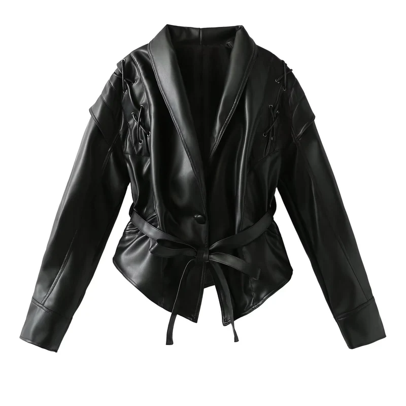 Damen Kurzjacke im Wildlederlook mit Schalkragen, Schnürdetails und Taillengürtel Nord Taschen