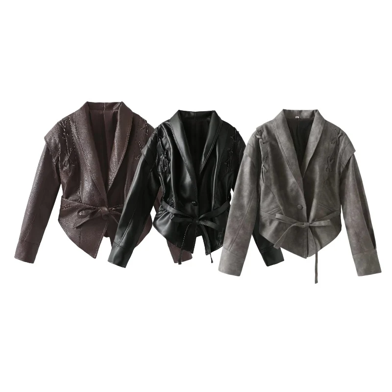 Damen Kurzjacke im Wildlederlook mit Schalkragen, Schnürdetails und Taillengürtel Nord Taschen