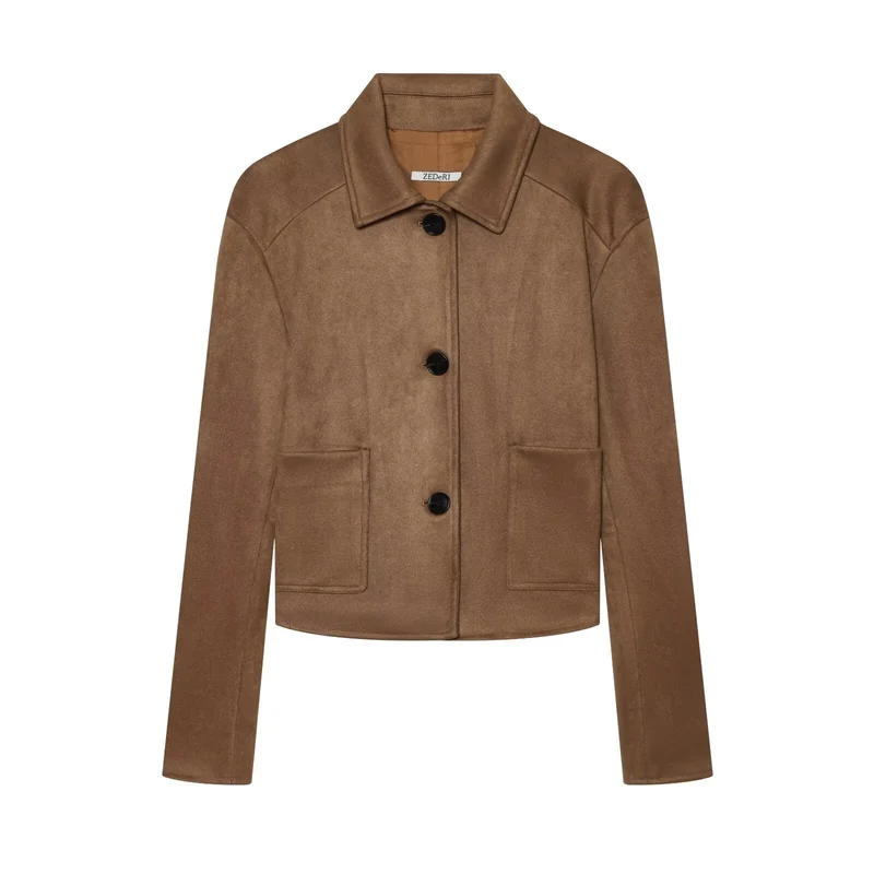 Damen Kurzjacke im Veloursleder-Look mit Hemdkragen und aufgesetzten Taschen Nord Taschen