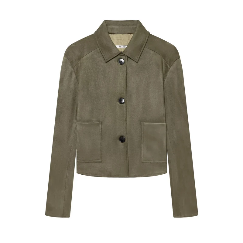 Damen Kurzjacke im Veloursleder-Look mit Hemdkragen und aufgesetzten Taschen Nord Taschen