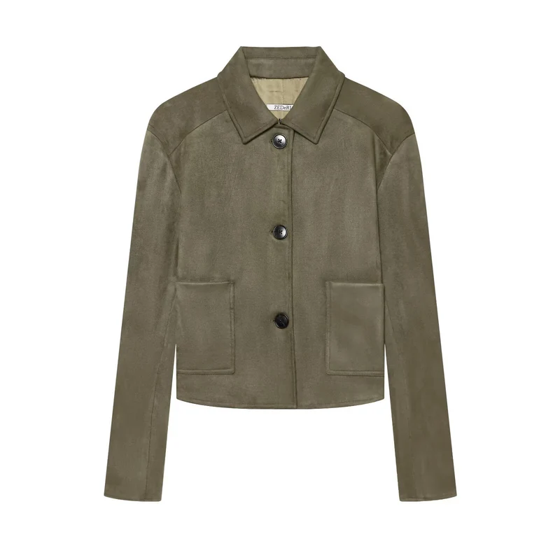 Damen Kurzjacke im Veloursleder-Look mit Hemdkragen und aufgesetzten Taschen Nord Taschen