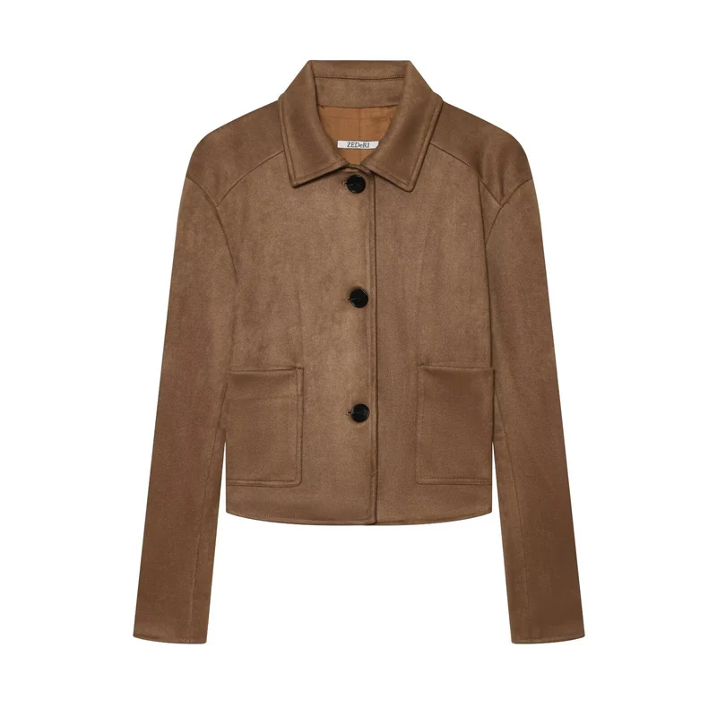 Damen Kurzjacke im Veloursleder-Look mit Hemdkragen und aufgesetzten Taschen Nord Taschen