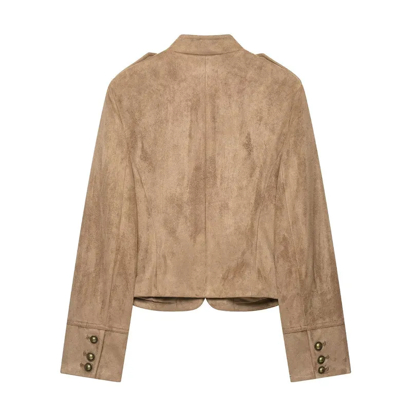 Damen Kurzjacke im Military‑Stil mit Stehkragen und Zierknopf‑Detail Nord Taschen
