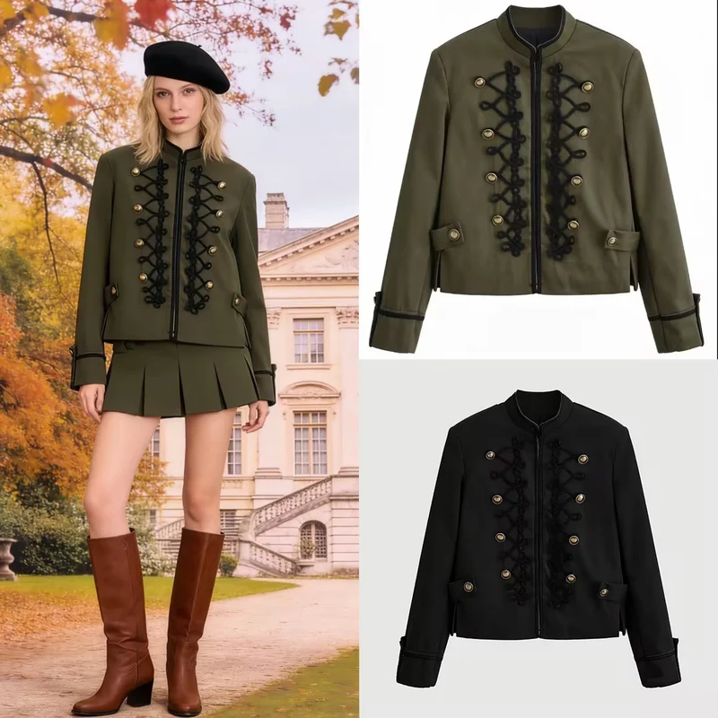 Damen Kurzjacke im Militärstil mit Zierkordeln und Stehkragen Nord Taschen
