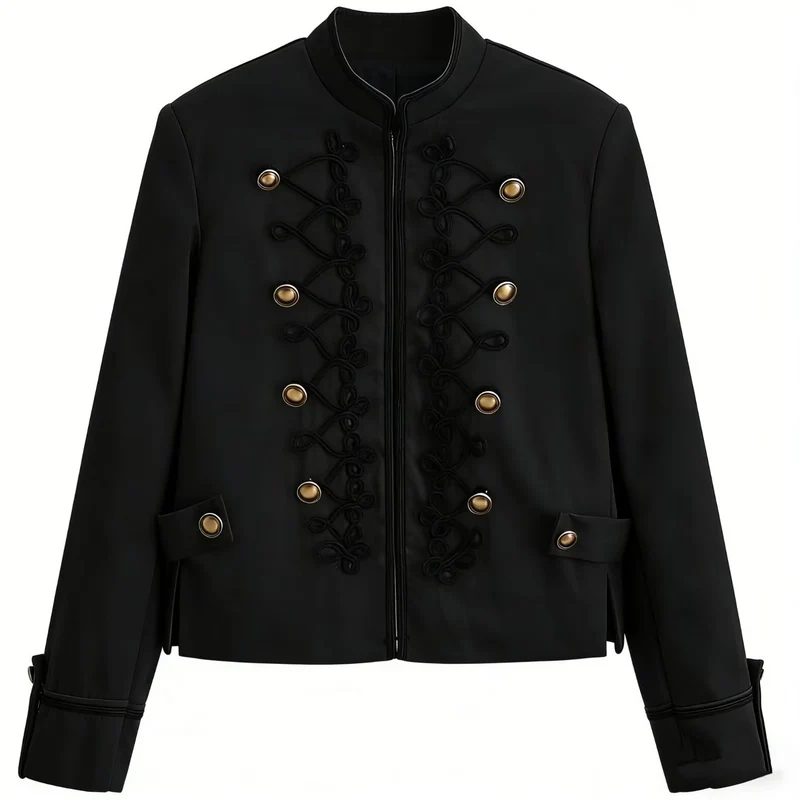 Damen Kurzjacke im Militärstil mit Zierkordeln und Stehkragen Nord Taschen