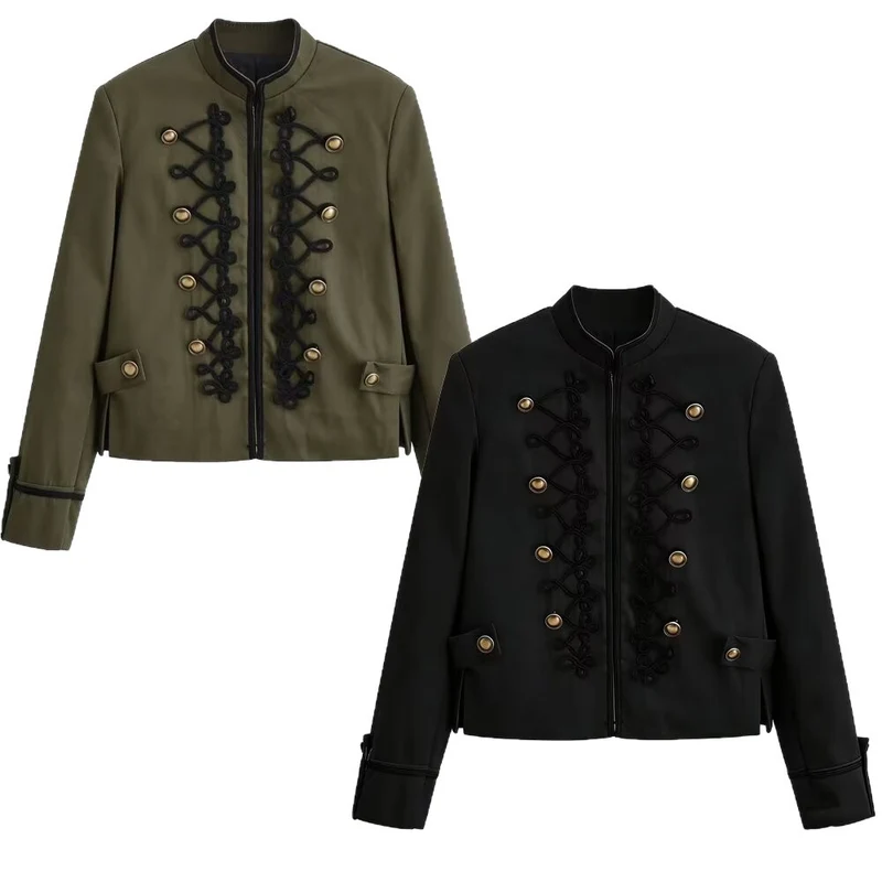 Damen Kurzjacke im Militärstil mit Zierkordeln und Stehkragen Nord Taschen
