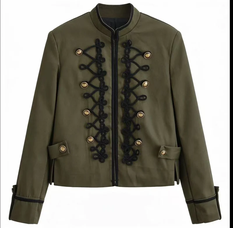 Damen Kurzjacke im Militärstil mit Zierkordeln und Stehkragen Nord Taschen
