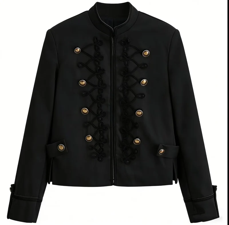 Damen Kurzjacke im Militärstil mit Zierkordeln und Stehkragen Nord Taschen