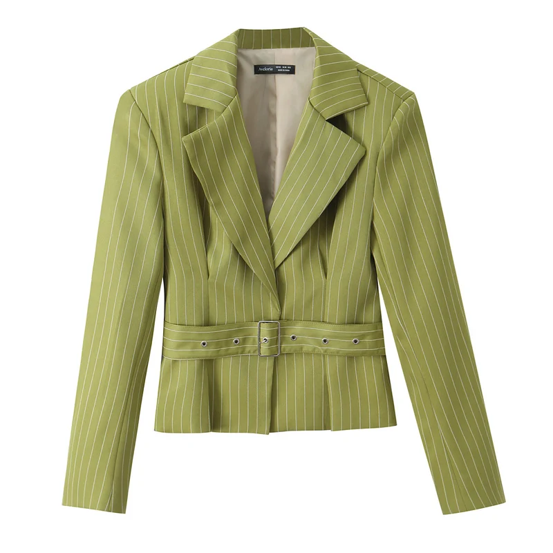 Damen Taillierter Cropped-Blazer mit Nadelstreifen, breitem Bindegürtel und tiefem Revers Nord Taschen