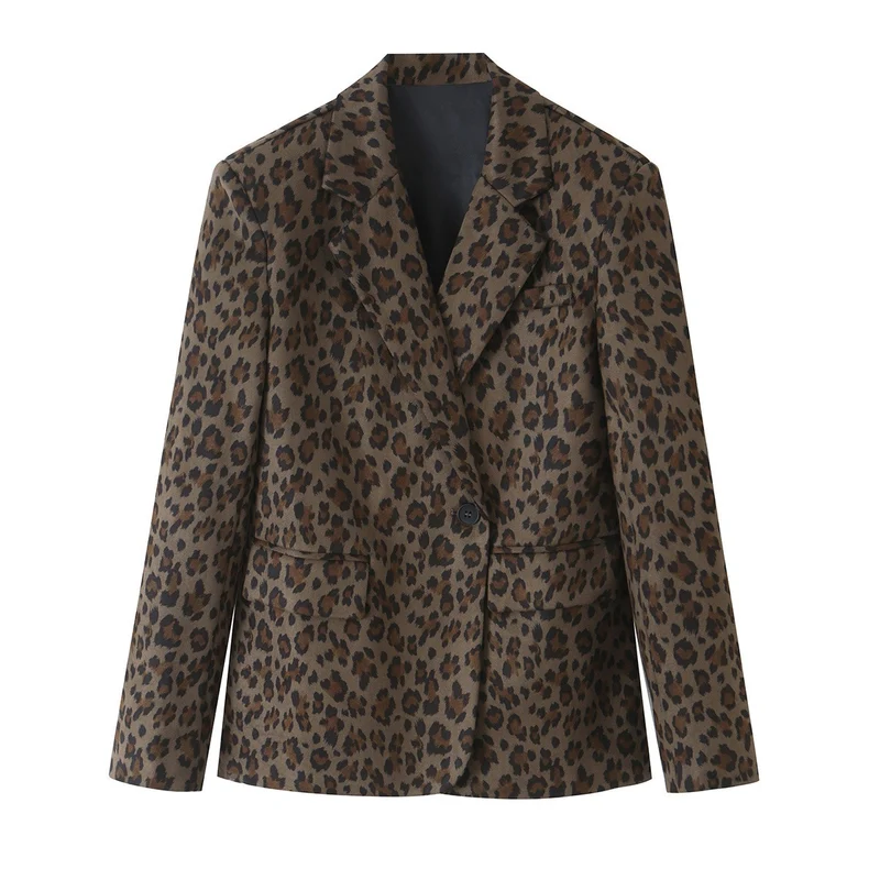 Damen Taillierter Blazer im Leoprint mit Revers und Pattentaschen Nord Taschen