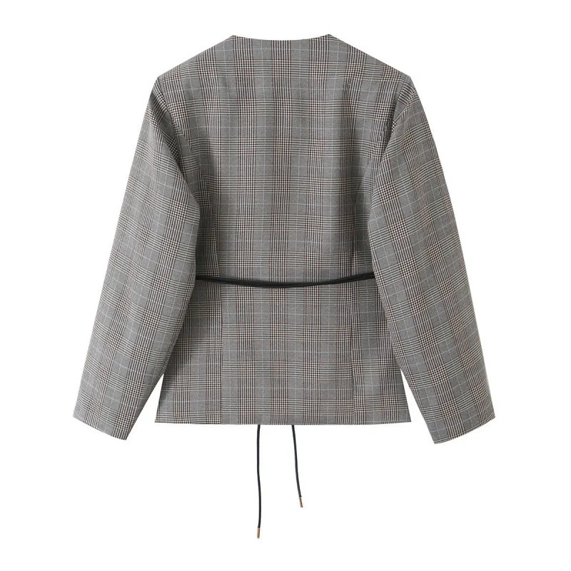 Damen Taillierte Glencheck-Blazerjacke mit V-Ausschnitt und Bindegürtel Nord Taschen