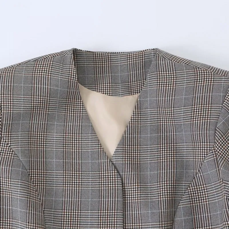 Damen Taillierte Glencheck-Blazerjacke mit V-Ausschnitt und Bindegürtel Nord Taschen