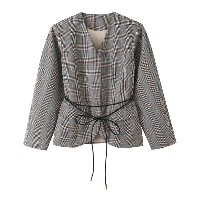 Damen Taillierte Glencheck-Blazerjacke mit V-Ausschnitt und Bindegürtel Nord Taschen