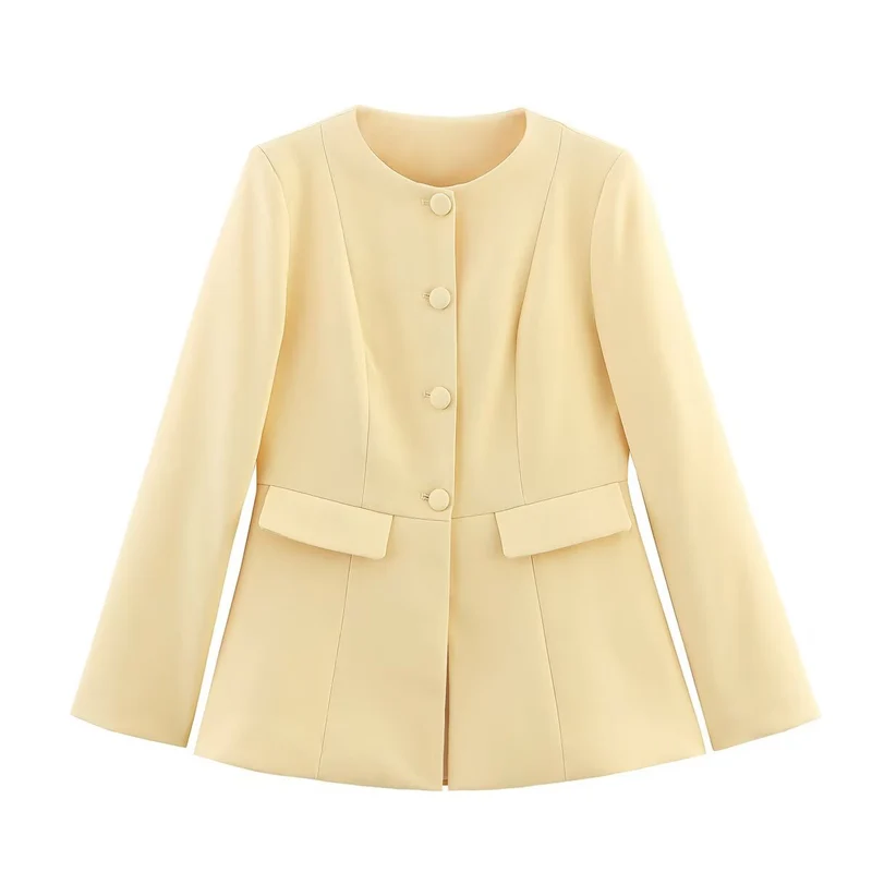 Damen Taillierte Blazerjacke mit Rundhalsausschnitt, verdeckter Knopfleiste und Pattentaschen Nord Taschen