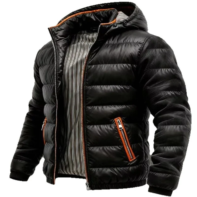 Herren Glänzende gesteppte Kapuzenjacke mit Thermo-Polsterung und gestreiftem Innenfutter Nord Taschen