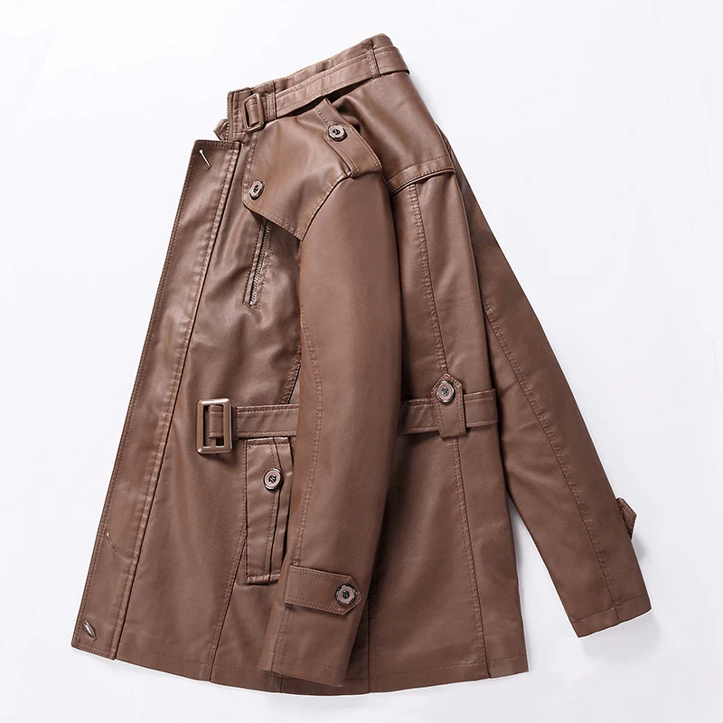 Herren Taillierter Leder-Trench mit Gürtel und Ziernähten Nord Taschen