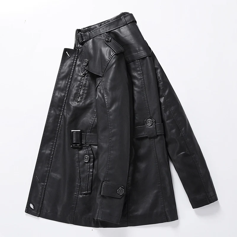 Herren Taillierter Leder-Trench mit Gürtel und Ziernähten Nord Taschen
