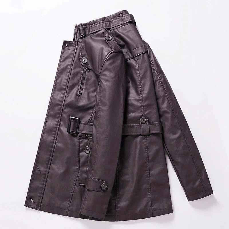 Herren Taillierter Leder-Trench mit Gürtel und Ziernähten Nord Taschen