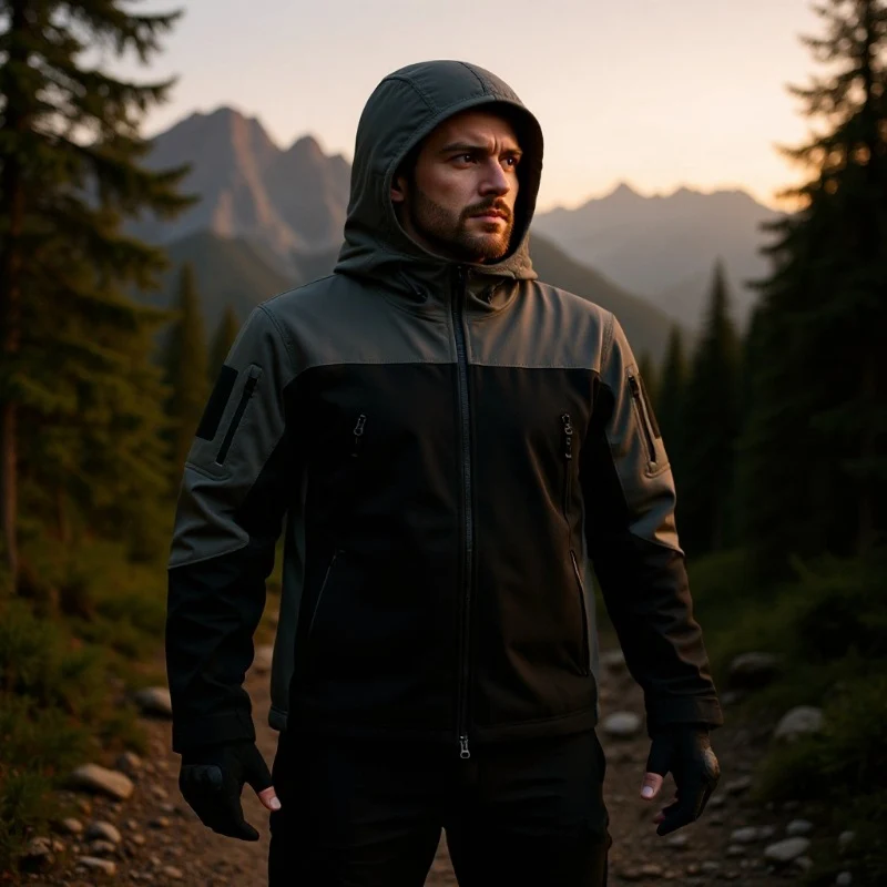 Herren Softshell-Outdoorjacke mit taktischer Ärmeltasche, verstellbarer Kapuze und wasserabweisender Membran Nord Taschen