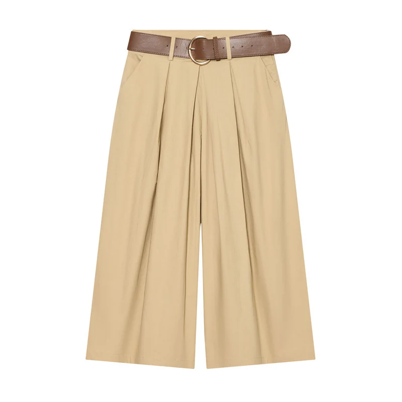 Damen Hochtaillierte Culotte-Hose mit weitem Bein, Kellerfalten und Rundbuckel-Gürtel Nord Taschen