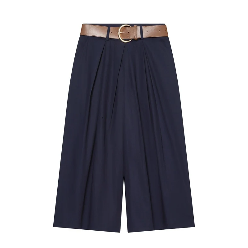 Damen Hochtaillierte Culotte-Hose mit weitem Bein, Kellerfalten und Rundbuckel-Gürtel Nord Taschen