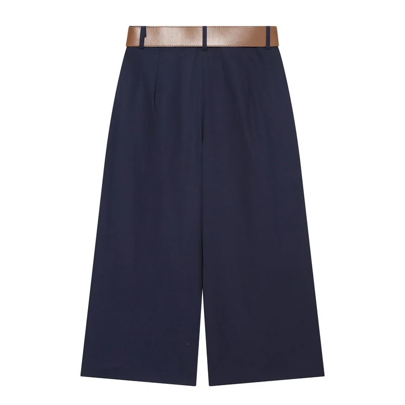 Damen Hochtaillierte Culotte-Hose mit weitem Bein, Kellerfalten und Rundbuckel-Gürtel Nord Taschen