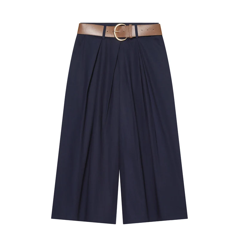 Damen Hochtaillierte Culotte-Hose mit weitem Bein, Kellerfalten und Rundbuckel-Gürtel Nord Taschen