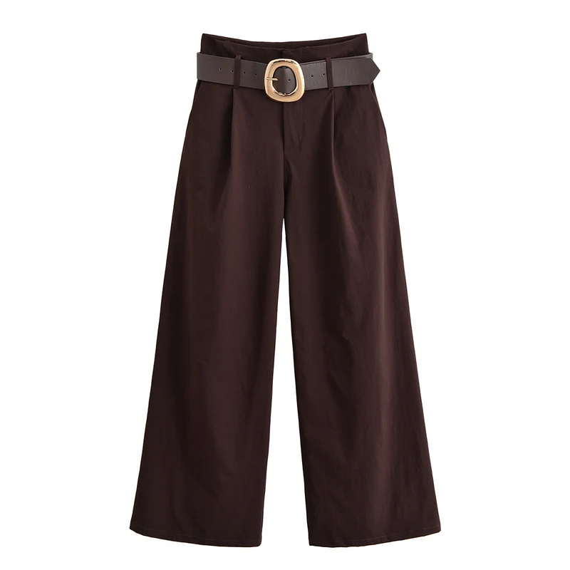 Damen hochtaillierte Culotte-Hose mit weitem Bein, Bundfalten und Statement-Gürtel Nord Taschen